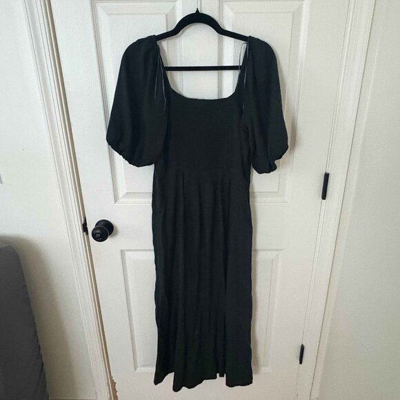 Old Navy Crepe Midi Dress Puff Sleeve Wedding Guest Hunter Green - Picture 2 of 3